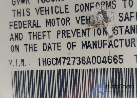 2006 Honda Accord 2.4 Ex from USA, damaged, VIN 1HGCM72736A004665